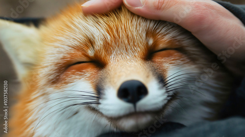 Petting a fox, animal interaction showcases cute wildlife, funny forest scene with adorable and friendly creature, happy pet like moment with wild mammal photo