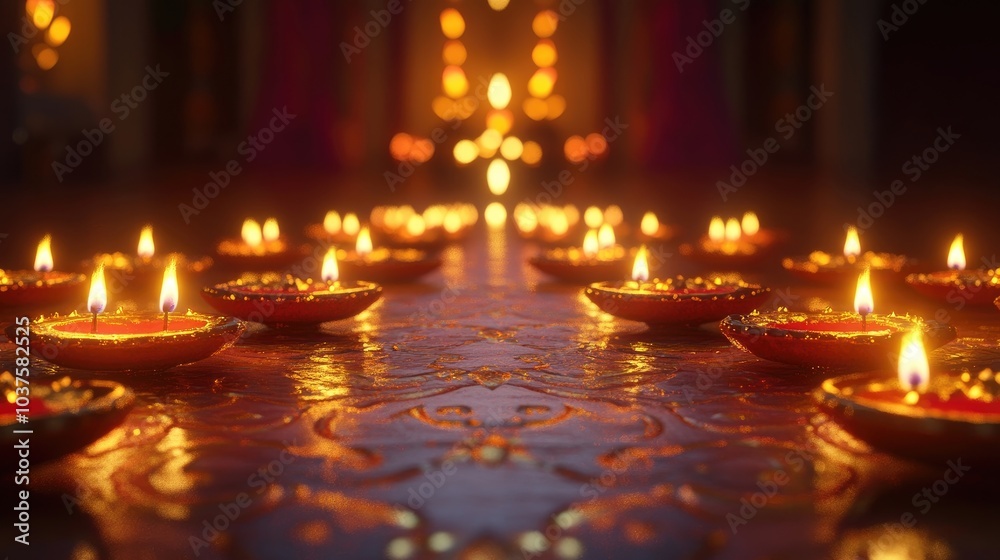 A vibrant Diwali background with glowing diyas arranged in a symmetrical pattern on a golden floor A vibrant Diwali background with glowing diyas arranged in a symmetrical pattern on a golden floor