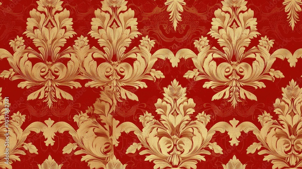 Antique golden wallpaper with a repeatable damask pattern Seamless design featuring a golden element on a red background showcasing a floral ornament in baroque style Antique golden wallpaper with a repeatable damask pattern Seamless design featuring a golden element on a red background showcasing a floral ornament in baroque style