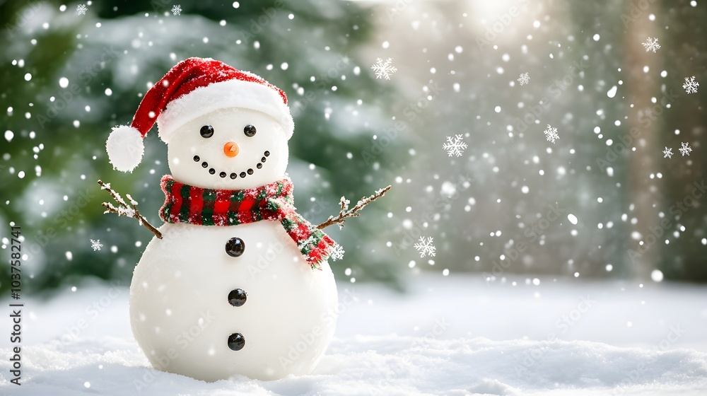Snowman in a Santa Hat with a Scarf in the Snow Snowman in a Santa Hat with a Scarf in the Snow