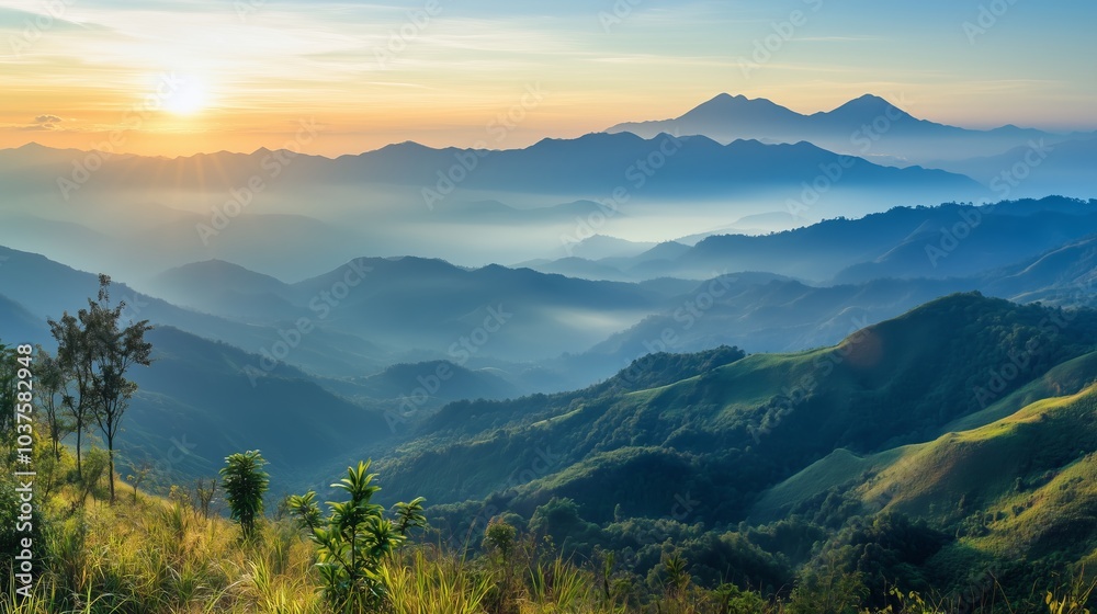 Fototapeta premium High mountain range in morning time. Beautiful natural landscape 