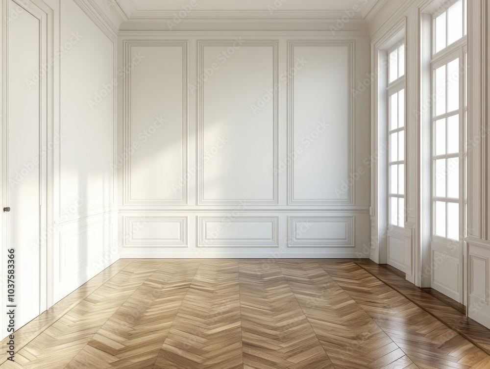 A large room with white walls and wooden floors