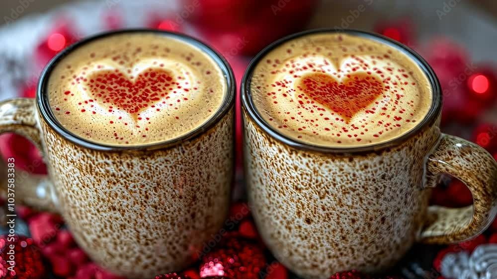 Two cups of lattes with heart designs sit on a beautifully arranged table adorned with festive decorations, perfect for a romantic occasion Two cups of lattes with heart designs sit on a beautifully arranged table adorned with festive decorations, perfect for a romantic occasion