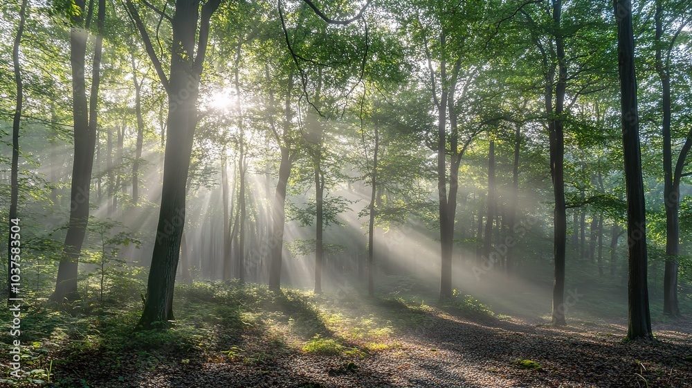 Naklejka premium Sunbeams Through the Mist: A serene and ethereal scene of sunlight piercing through the fog in a dense forest, creating a magical and mystical atmosphere. 