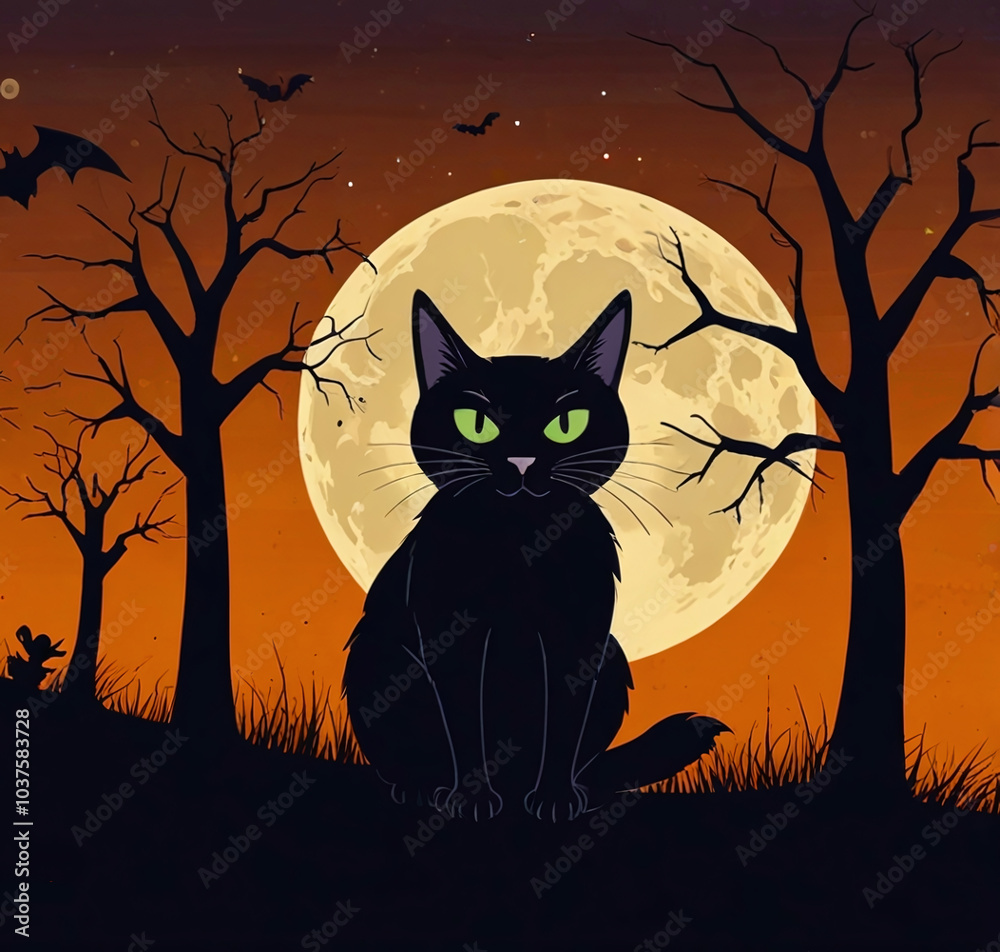 Halloween Black Cat and full moon with bats Illustration, perfect for spooky Halloween decor, postcards, invitations, merchandise, and social media graphics