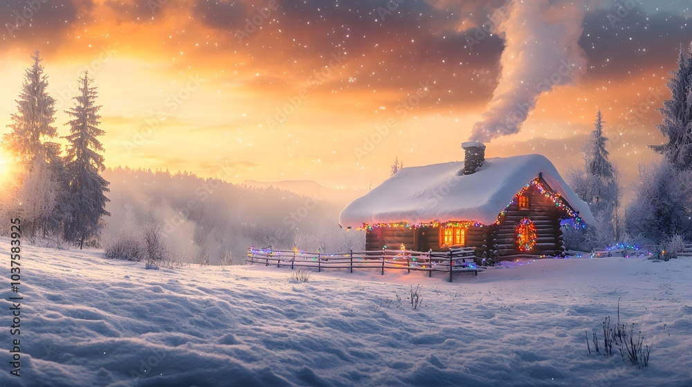 A Cozy Cabin Adorned with Lights in a Snowy Winter Wonderland A Cozy Cabin Adorned with Lights in a Snowy Winter Wonderland