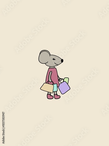 Cute cartoon mouse with shopping bags