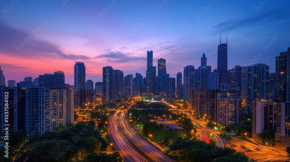 A vibrant urban skyline at twilight, showcasing colorful city lights A vibrant urban skyline at twilight, showcasing colorful city lights