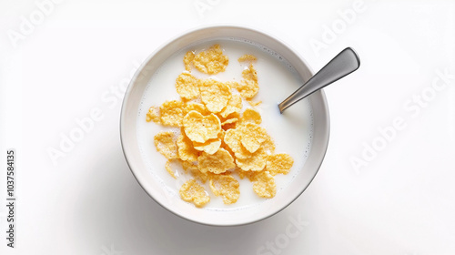 Top view of corn flakes in milk bowl isolated on white background