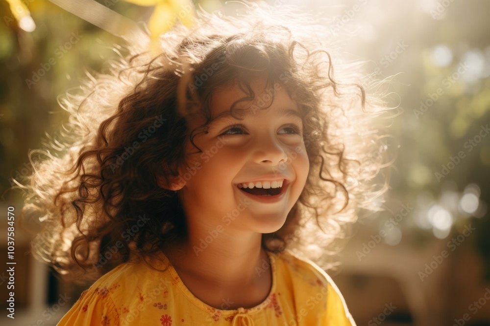 Portrait of a smiling little girl with curly hair in the park Portrait of a smiling little girl with curly hair in the park
