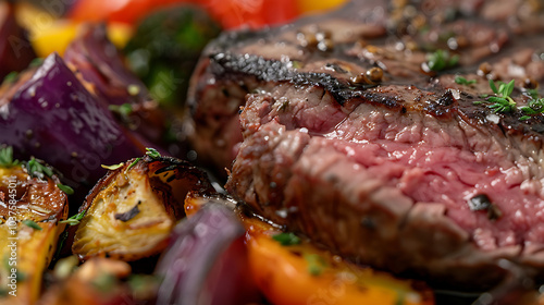 "A Close-Up of a Perfectly Cooked Steak with a Side of Colorful Vegetables: Showcasing Culinary Excellence and the Mouthwatering Appeal of Gourmet Dining for Food Lovers."