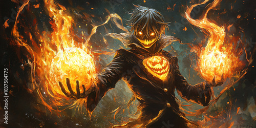 The image depicts a dark, demonic character with a fiery jack-o'-lantern-like grin. His eyes blaze with fire, and he holds two large flaming spheres in his hands. His face and chest feature sinister g