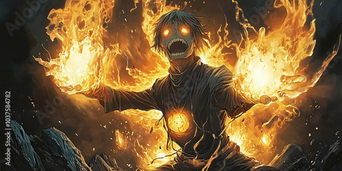 The image depicts a dark, demonic character with a fiery jack-o'-lantern-like grin. His eyes blaze with fire, and he holds two large flaming spheres in his hands. His face and chest feature sinister g