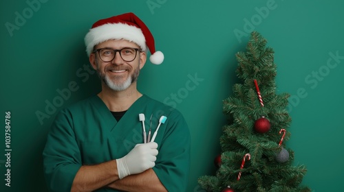 Festive holiday dentist with santa hat and dental tools for christmas cheer
