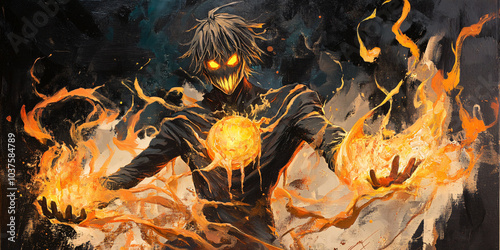 The image depicts a dark, demonic character with a fiery jack-o'-lantern-like grin. His eyes blaze with fire, and he holds two large flaming spheres in his hands. His face and chest feature sinister g
