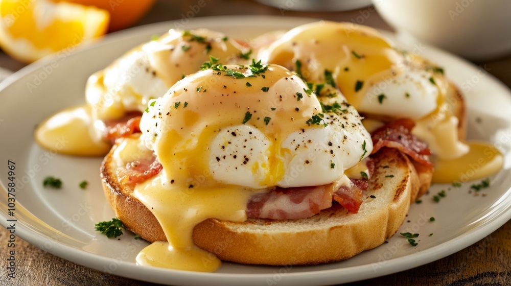 A plate of creamy eggs benedict with poached eggs, Canadian bacon, and hollandaise sauce A plate of creamy eggs benedict with poached eggs, Canadian bacon, and hollandaise sauce