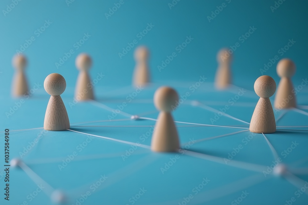 Obraz premium Network Concept with Wooden Figures on Blue 