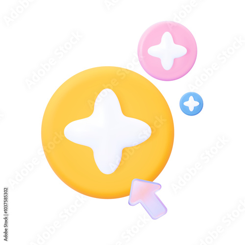A round icon with a plus sign and a cursor. In pink, yellow, and blue colors