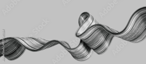 3d rendering of curvy lines, folded ribbon, isolated on grey background. Minimalist monochrome wallpaper. Black and white threads