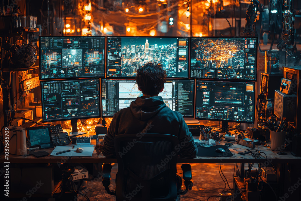 A person using multiple screens and productivity tools to manage a remote workday efficiently. Concept of productivity. A person using multiple screens and productivity tools to manage a remote workday efficiently. Concept of productivity.