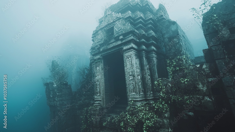 Enigmatic Ancient Temple Ruins Embraced by Mystical Fog Reveal Forgotten Civilization, Cinematic Light Illuminates Detailed Carvings