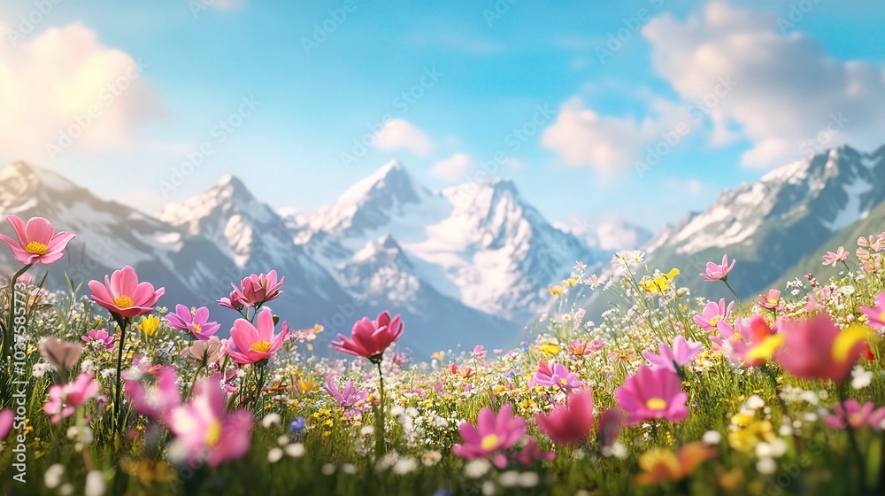Fototapeta premium Alpine Spring Meadow: Vibrant wildflowers in a breathtaking alpine meadow, with majestic snow-capped mountains forming a stunning backdrop. A picturesque scene of nature's beauty and serenity. 