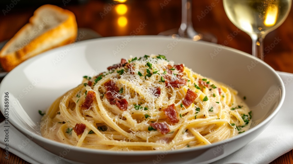A plate of creamy spaghetti carbonara with crispy pancetta, grated parmesan cheese, and a sprinkle of fresh parsley A plate of creamy spaghetti carbonara with crispy pancetta, grated parmesan cheese, and a sprinkle of fresh parsley