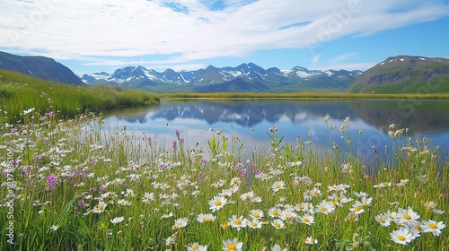Alpine Meadow Serenity: Wildflowers bloom profusely by a tranquil mountain lake, reflecting the majestic snow-capped peaks. A picturesque summer scene of pristine nature. 