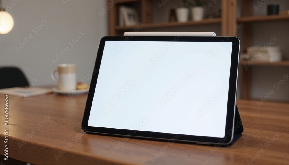 Digital tablet mockup on wooden table with blank screen in cozy interior Digital tablet mockup on wooden table with blank screen in cozy interior