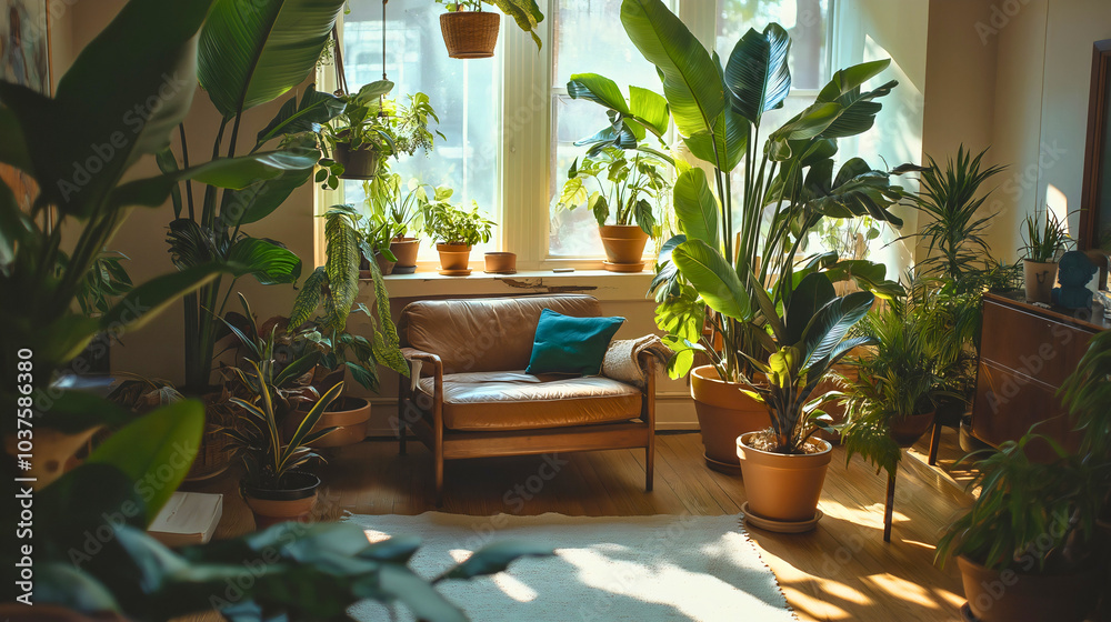 Fototapeta premium Plants bask in sunlight, cozy corner filled with greenery exudes serenity, peaceful room interior showcases lush foliage, window frames leather chair