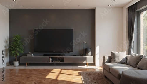 Living room TV screen mockup with blank display on modern interior background