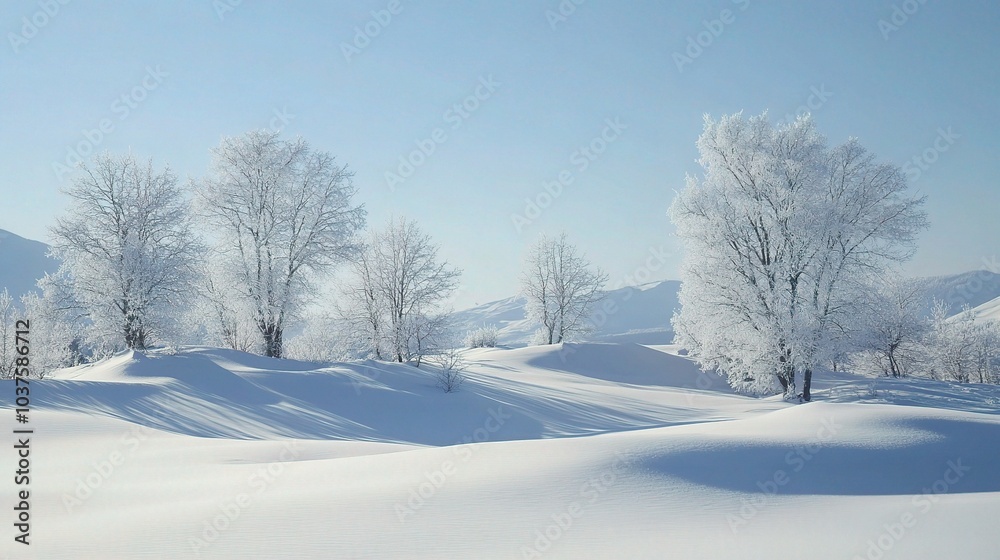 Winter Wonderland: A serene and tranquil landscape blanketed in pristine white snow, with frost-covered trees casting long shadows across the rolling hills. Winter Wonderland: A serene and tranquil landscape blanketed in pristine white snow, with frost-covered trees casting long shadows across the rolling hills.