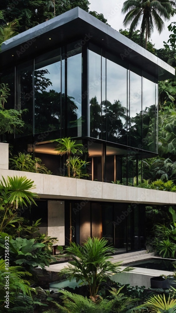 Modern Black Luxury Home Surrounded by Lush Greenery and Sleek Architecture Modern Black Luxury Home Surrounded by Lush Greenery and Sleek Architecture