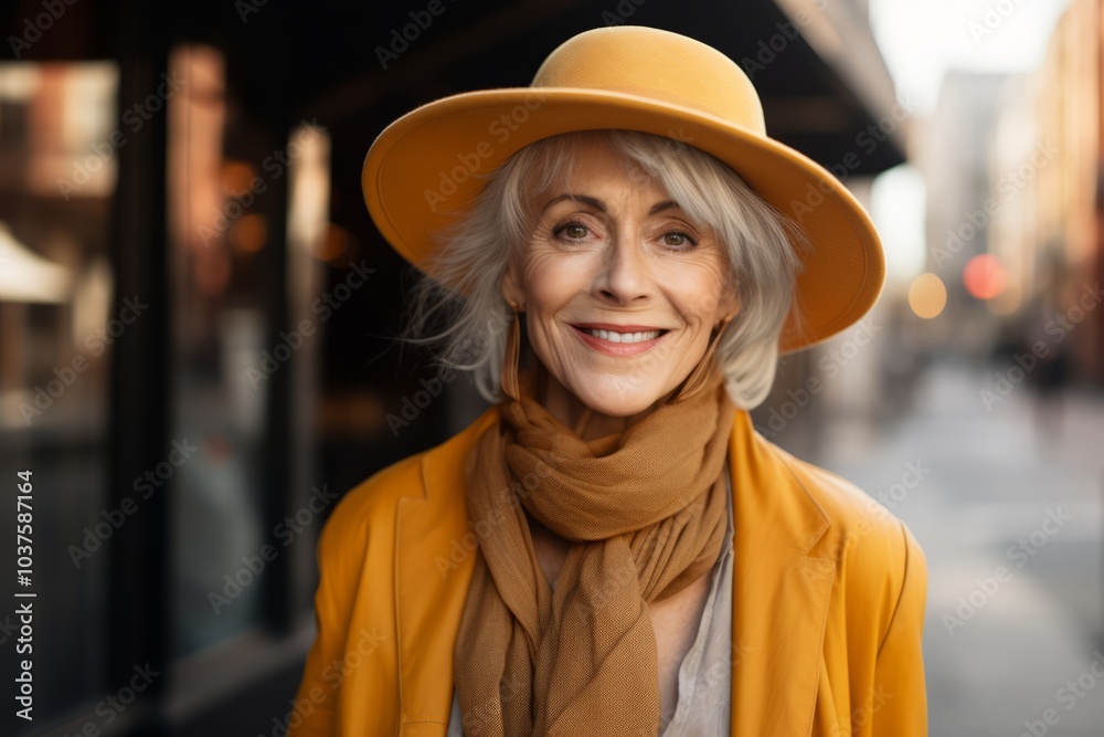 smiling senior woman in yellow hat and scarf looking at camera in city smiling senior woman in yellow hat and scarf looking at camera in city
