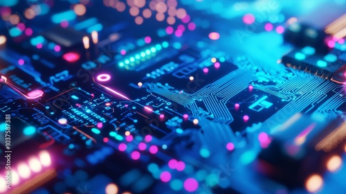 Technology circuit board background with glowing electronic components - futuristic digital concept for innovation and connectivity