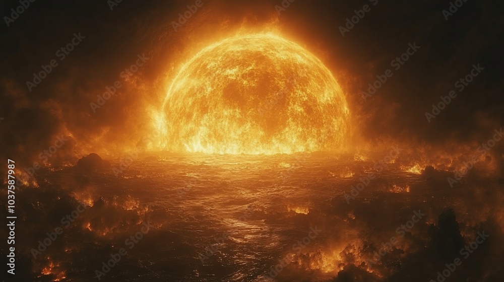 A fiery sun rising over a turbulent, molten landscape. A fiery sun rising over a turbulent, molten landscape.