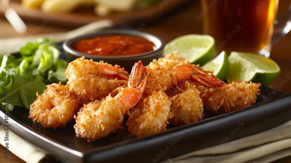 A plate of crispy coconut shrimp served with sweet chili dipping sauce and lime wedges, Coconut shrimp centered, Golden brown coating adding texture and flavor A plate of crispy coconut shrimp served with sweet chili dipping sauce and lime wedges, Coconut shrimp centered, Golden brown coating adding texture and flavor