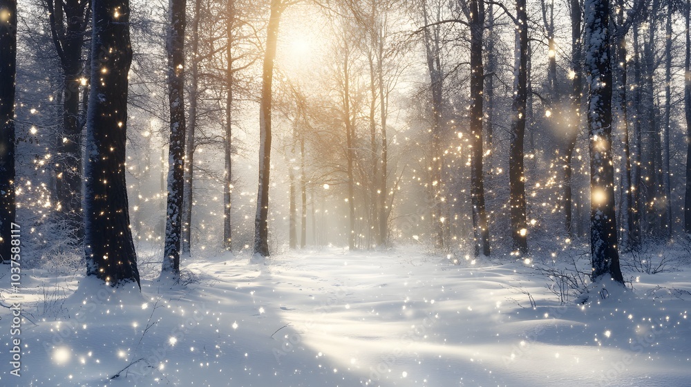 Fototapeta premium A snow-covered forest path with golden light filtering through the trees