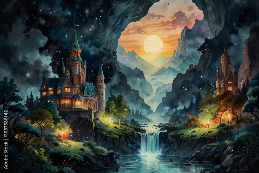 Obraz premium Magical painted castle scene.