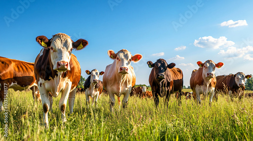 A herd of cattle grazing under a clear blue sky