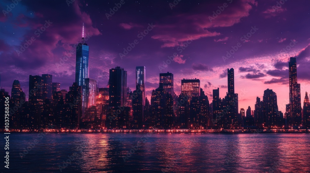 Fototapeta premium Magnificent Cityscape at Dusk with Illuminated Skyline Reflecting on Serene Water Surface