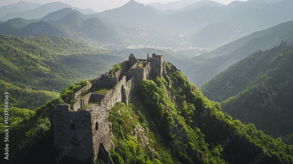 Fototapeta premium Majestic Mountain Citadel with Foreboding Atmosphere and Cannons Ready for Battle, Enhanced with Ultra-Detailed Cinematic Light