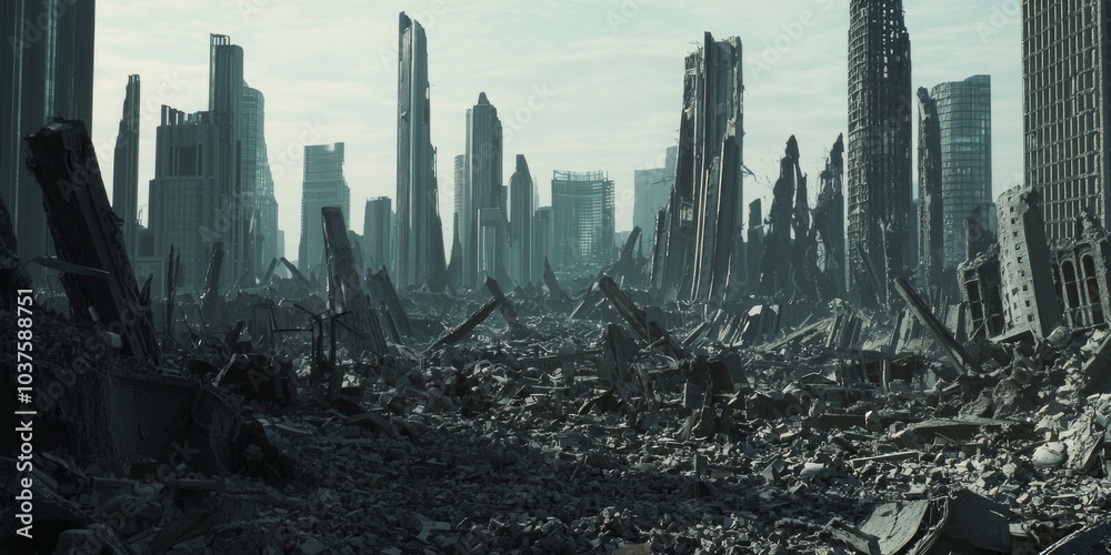 Fototapeta premium Aftermath of Destruction: Surreal Panoramic View of Devastated Metropolis with Cinematic Light Shining on Ruined Skyscrapers and Scattered Remnants of Civilization