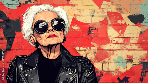 graffiti style vector background of an old lady with short white hair and oversized round sunglasses, wearing a leather jacket, photography