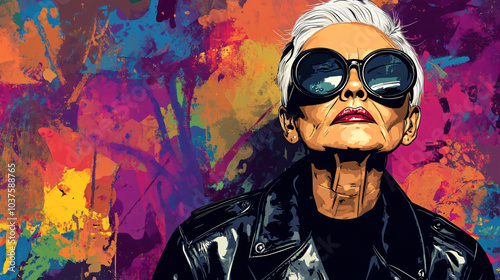 graffiti style vector background of an old lady with short white hair and oversized round sunglasses, wearing a leather jacket, photography