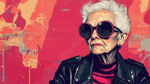 graffiti style vector background of an old lady with short white hair and oversized round sunglasses, wearing a leather jacket, photography