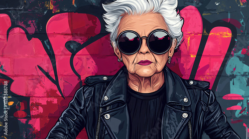 graffiti style vector background of an old lady with short white hair and oversized round sunglasses, wearing a leather jacket, photography