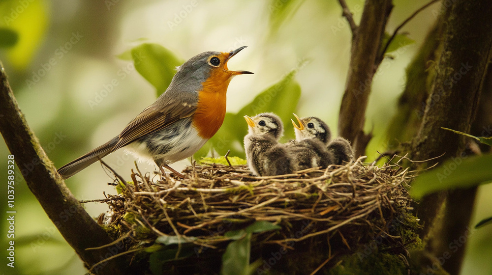Bird with baby birds in nest Bird with baby birds in nest