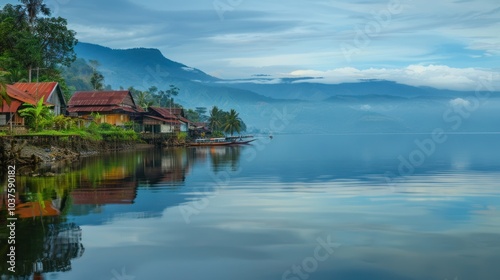 Serene Lake and Mountain View with Houses