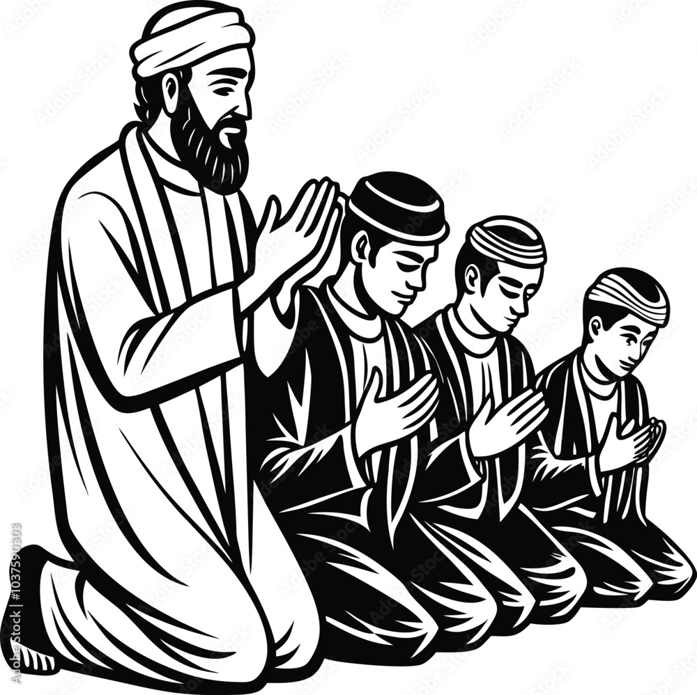 Muslim pious teacher teaches his polite students how to pray vector art illustration Muslim pious teacher teaches his polite students how to pray vector art illustration
